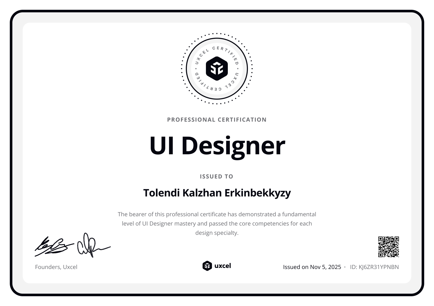 Tolendi Kalzhan Erkinbekkyzy's certificate